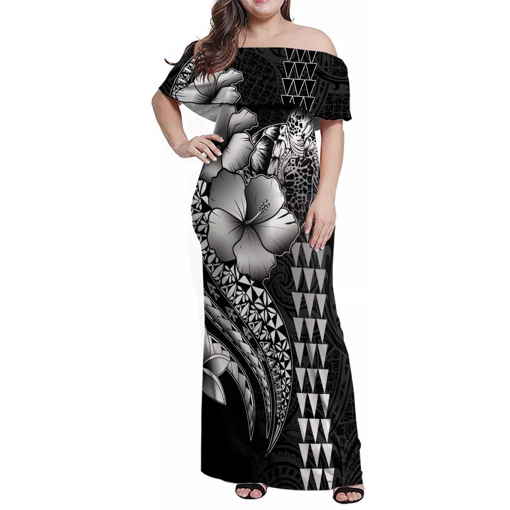 Hawaiian Sea Turtle Family Matching Off Shoulder Maxi Dress and Hawaiian Shirt Black Hibiscus Flowers and Kakau Pattern LT9 Mom's Dress Black - Polynesian Pride