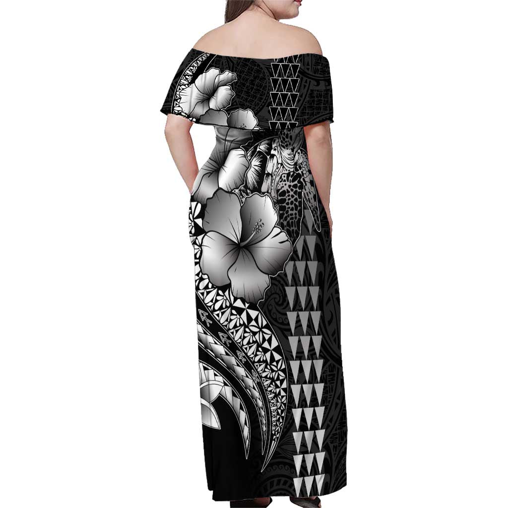 Hawaiian Sea Turtle Family Matching Off Shoulder Maxi Dress and Hawaiian Shirt Black Hibiscus Flowers and Kakau Pattern LT9 - Polynesian Pride