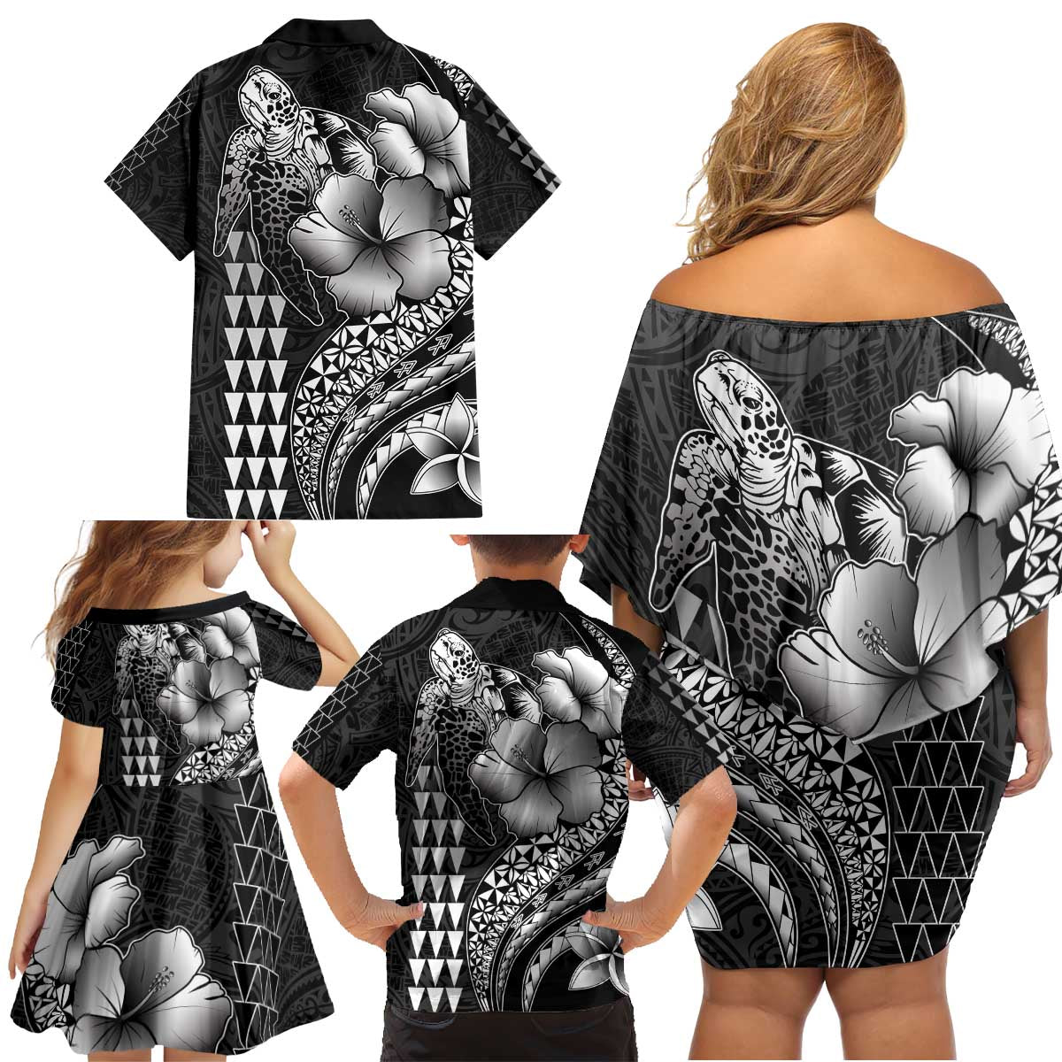 Hawaiian Sea Turtle Family Matching Off Shoulder Short Dress and Hawaiian Shirt Black Hibiscus Flowers and Kakau Pattern LT9 - Polynesian Pride