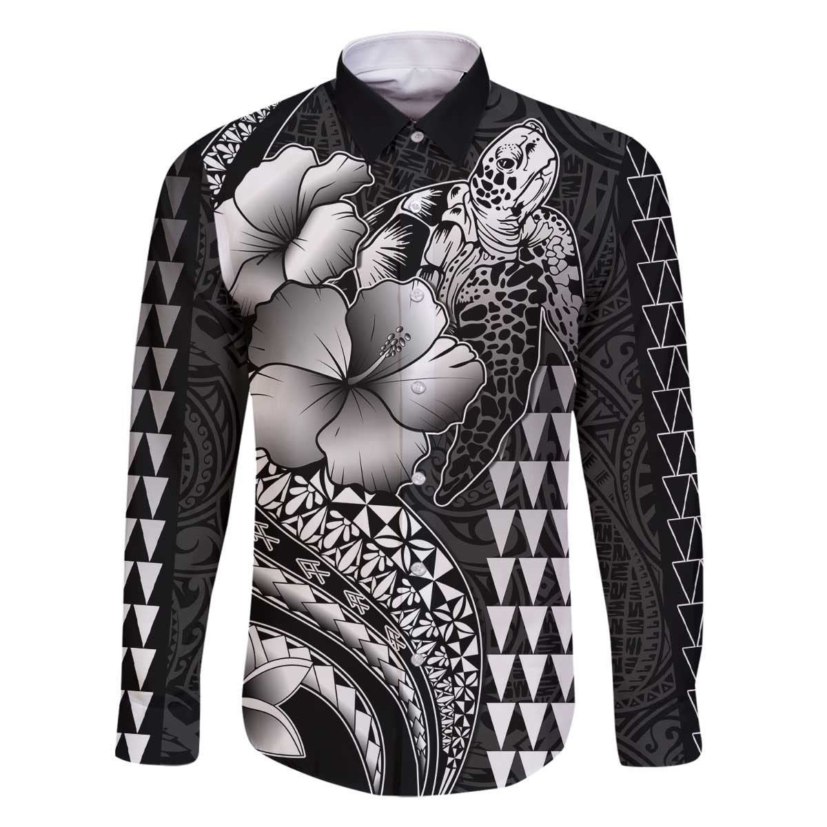 Hawaiian Sea Turtle Family Matching Off Shoulder Short Dress and Hawaiian Shirt Black Hibiscus Flowers and Kakau Pattern LT9 Dad's Shirt - Long Sleeve Black - Polynesian Pride