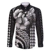 Hawaiian Sea Turtle Family Matching Off Shoulder Short Dress and Hawaiian Shirt Black Hibiscus Flowers and Kakau Pattern LT9 Dad's Shirt - Long Sleeve Black - Polynesian Pride