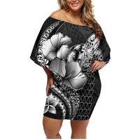 Hawaiian Sea Turtle Family Matching Off Shoulder Short Dress and Hawaiian Shirt Black Hibiscus Flowers and Kakau Pattern LT9 Mom's Dress Black - Polynesian Pride
