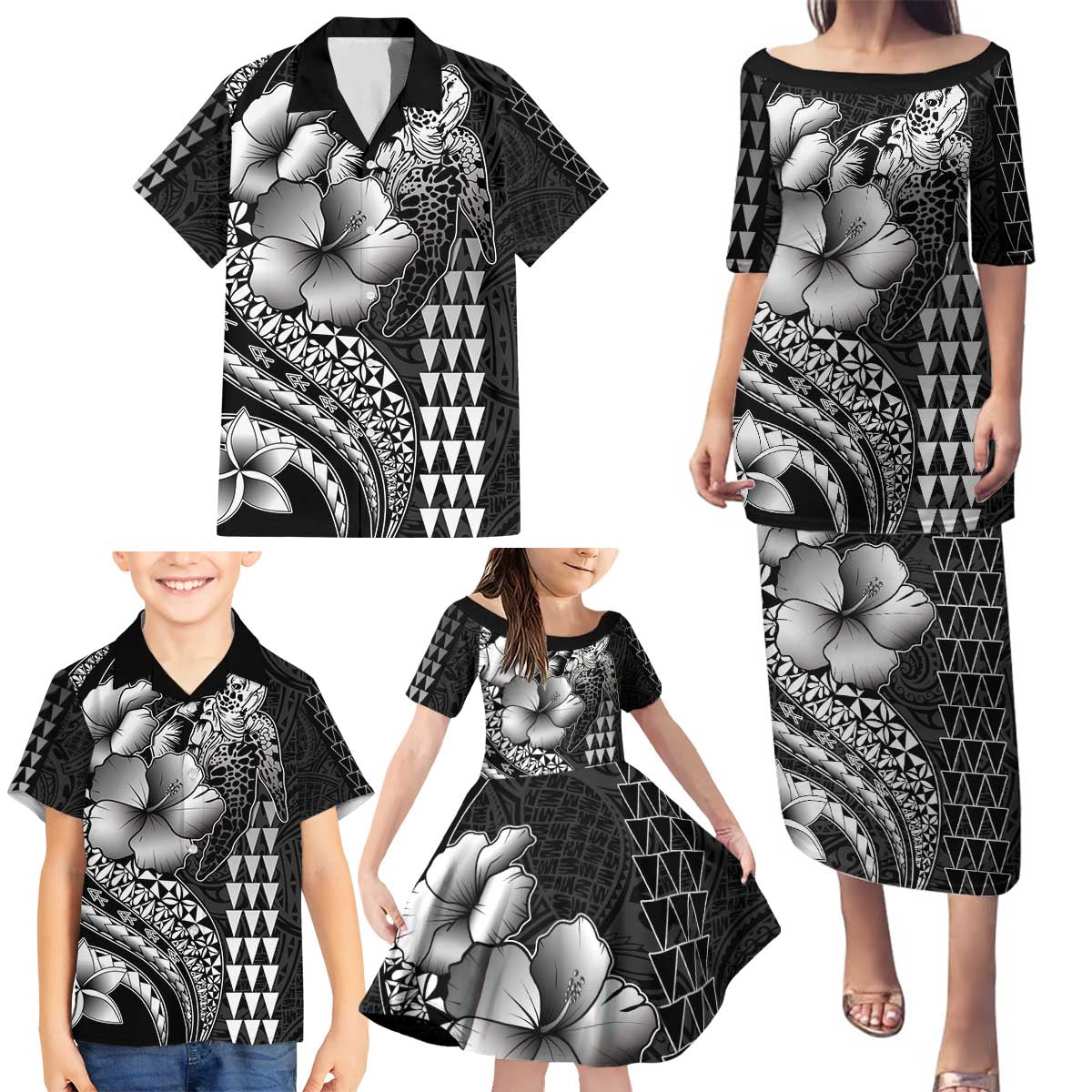 Hawaiian Sea Turtle Family Matching Puletasi and Hawaiian Shirt Black Hibiscus Flowers and Kakau Pattern LT9 - Polynesian Pride