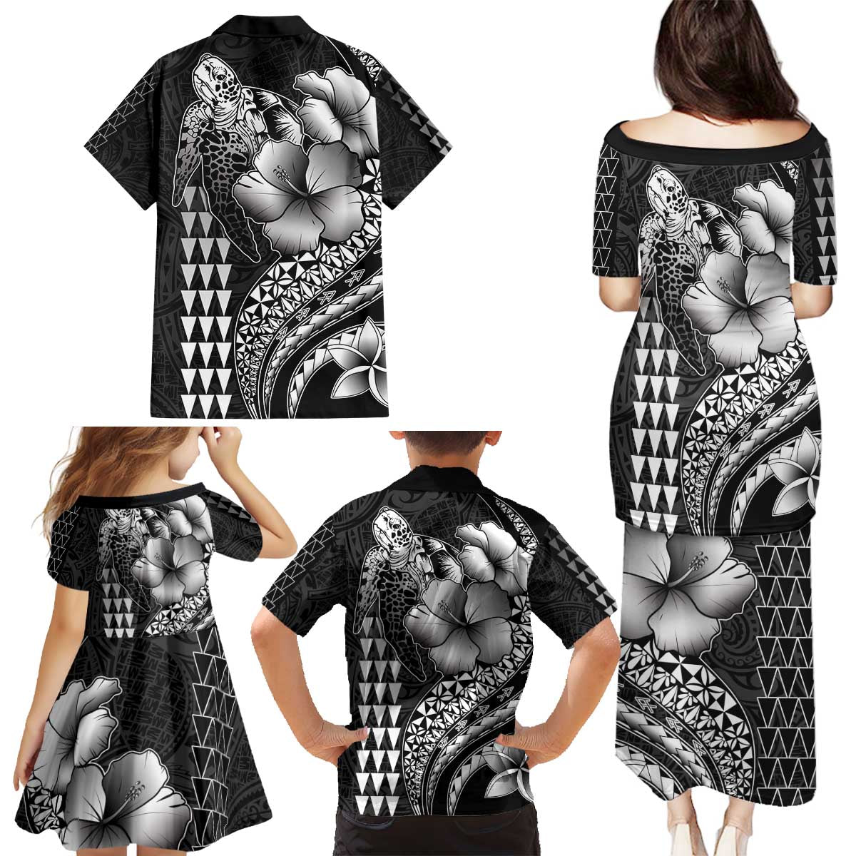 Hawaiian Sea Turtle Family Matching Puletasi and Hawaiian Shirt Black Hibiscus Flowers and Kakau Pattern LT9 - Polynesian Pride