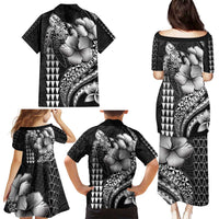 Hawaiian Sea Turtle Family Matching Puletasi and Hawaiian Shirt Black Hibiscus Flowers and Kakau Pattern LT9 - Polynesian Pride