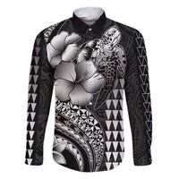 Hawaiian Sea Turtle Family Matching Puletasi and Hawaiian Shirt Black Hibiscus Flowers and Kakau Pattern LT9 Dad's Shirt - Long Sleeve Black - Polynesian Pride