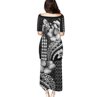 Hawaiian Sea Turtle Family Matching Puletasi and Hawaiian Shirt Black Hibiscus Flowers and Kakau Pattern LT9 - Polynesian Pride