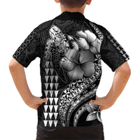 Hawaiian Sea Turtle Family Matching Short Sleeve Bodycon Dress and Hawaiian Shirt Black Hibiscus Flowers and Kakau Pattern LT9 - Polynesian Pride