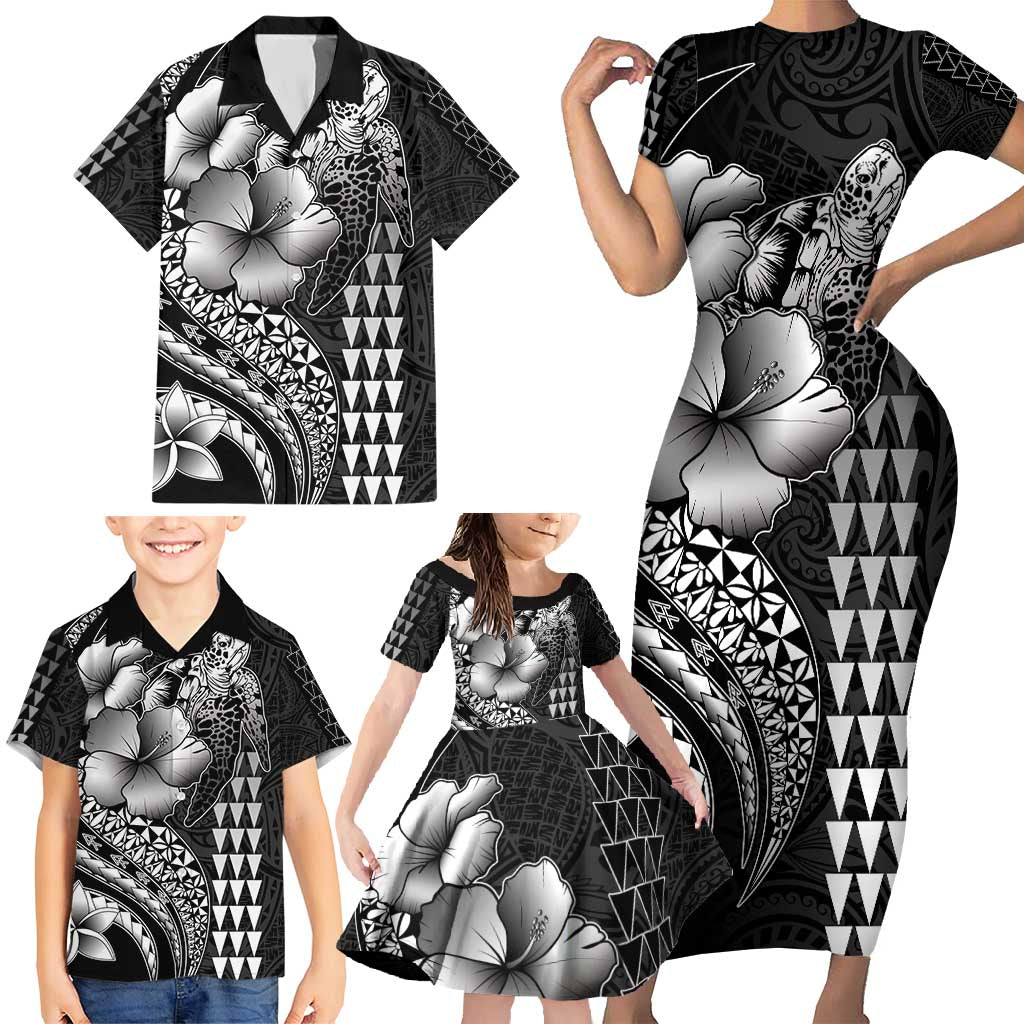 Hawaiian Sea Turtle Family Matching Short Sleeve Bodycon Dress and Hawaiian Shirt Black Hibiscus Flowers and Kakau Pattern LT9 - Polynesian Pride