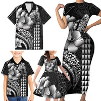 Hawaiian Sea Turtle Family Matching Short Sleeve Bodycon Dress and Hawaiian Shirt Black Hibiscus Flowers and Kakau Pattern LT9 - Polynesian Pride