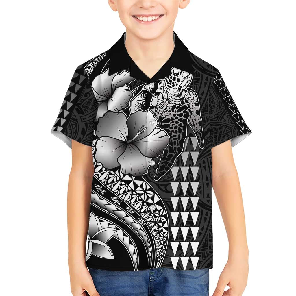 Hawaiian Sea Turtle Family Matching Short Sleeve Bodycon Dress and Hawaiian Shirt Black Hibiscus Flowers and Kakau Pattern LT9 Son's Shirt Black - Polynesian Pride