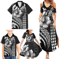 Hawaiian Sea Turtle Family Matching Summer Maxi Dress and Hawaiian Shirt Black Hibiscus Flowers and Kakau Pattern LT9 - Polynesian Pride