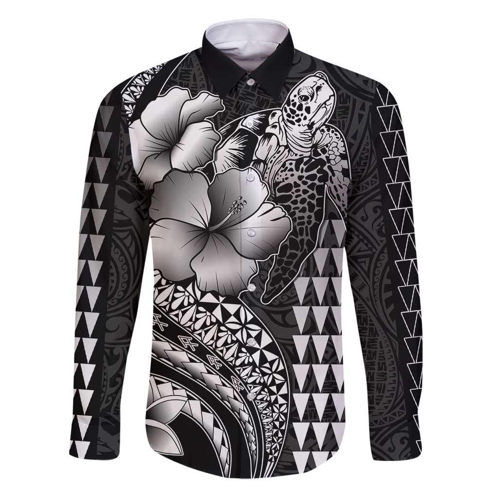 Hawaiian Sea Turtle Family Matching Summer Maxi Dress and Hawaiian Shirt Black Hibiscus Flowers and Kakau Pattern LT9 Dad's Shirt - Long Sleeve Black - Polynesian Pride