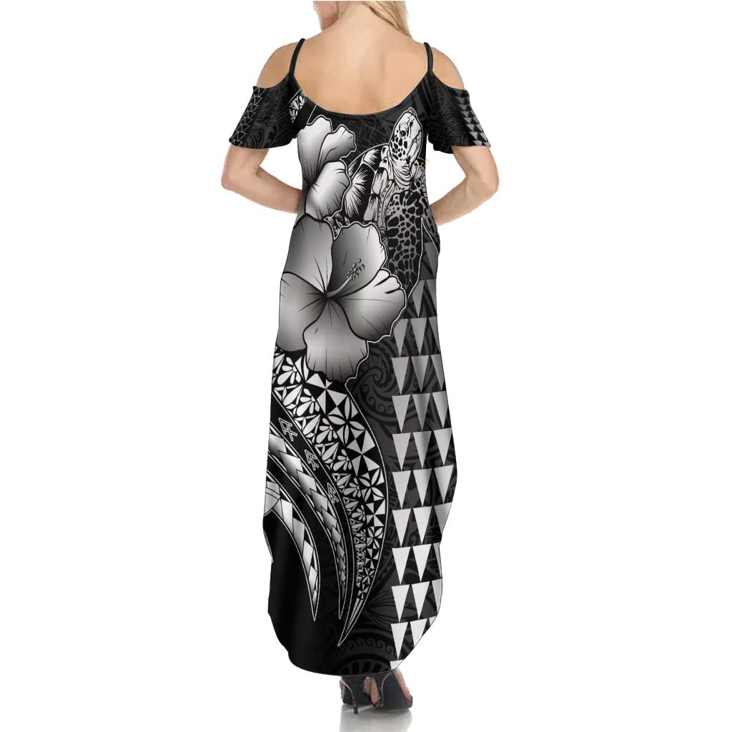 Hawaiian Sea Turtle Family Matching Summer Maxi Dress and Hawaiian Shirt Black Hibiscus Flowers and Kakau Pattern LT9 - Polynesian Pride