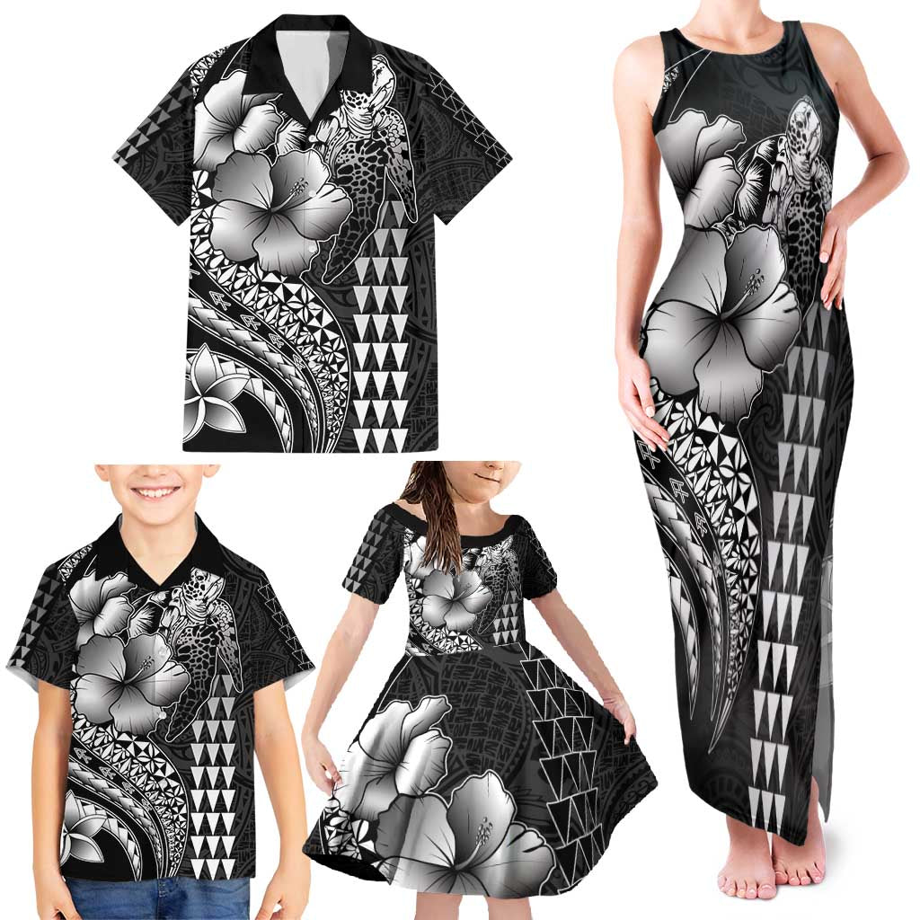 Hawaiian Sea Turtle Family Matching Tank Maxi Dress and Hawaiian Shirt Black Hibiscus Flowers and Kakau Pattern LT9 - Polynesian Pride
