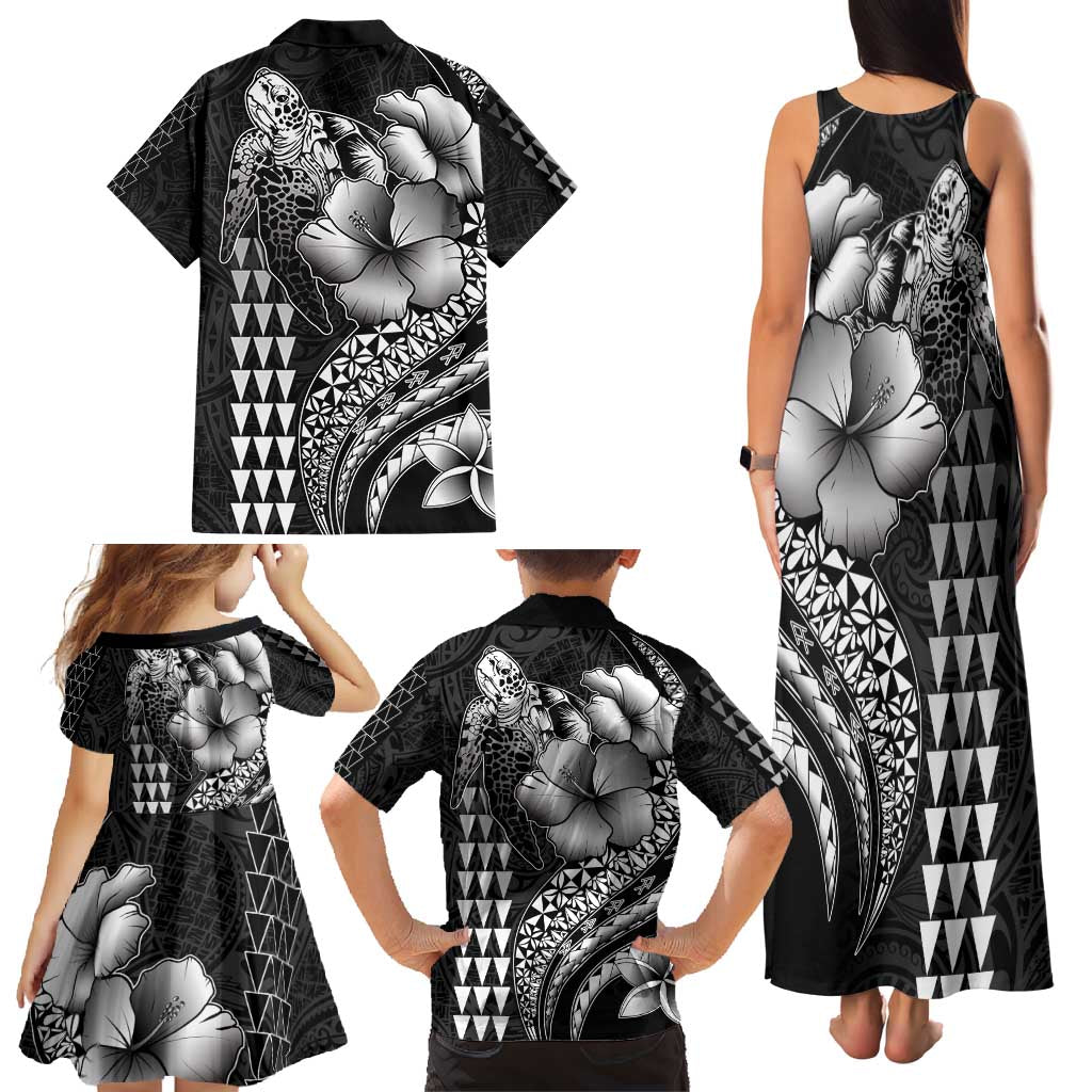 Hawaiian Sea Turtle Family Matching Tank Maxi Dress and Hawaiian Shirt Black Hibiscus Flowers and Kakau Pattern LT9 - Polynesian Pride