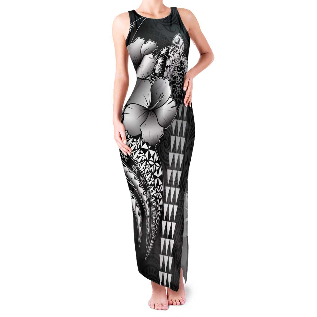 Hawaiian Sea Turtle Family Matching Tank Maxi Dress and Hawaiian Shirt Black Hibiscus Flowers and Kakau Pattern LT9 Mom's Dress Black - Polynesian Pride
