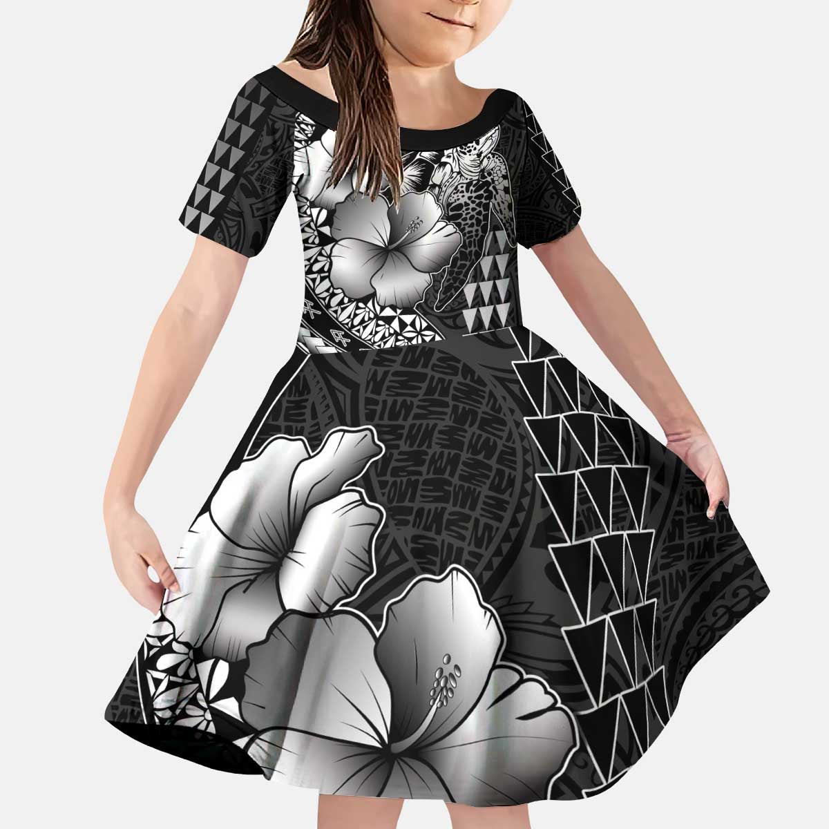 Hawaiian Sea Turtle Kid Short Sleeve Dress Black Hibiscus Flowers and Kakau Pattern