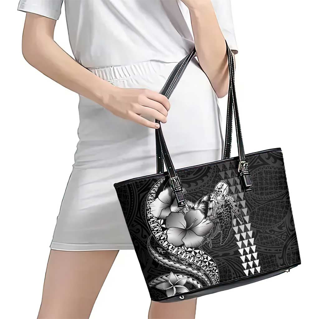 Hawaiian Sea Turtle Leather Tote Bag Black Hibiscus Flowers and Kakau Pattern