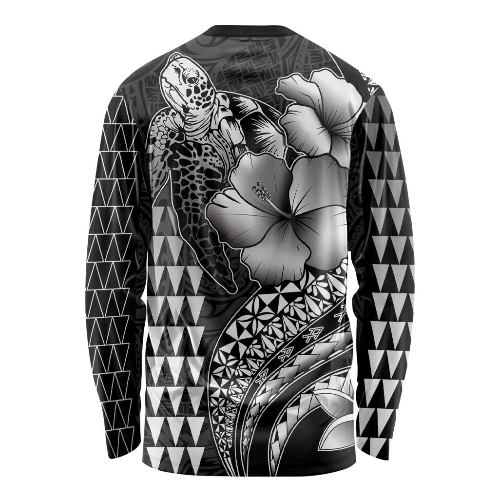 Hawaiian Sea Turtle Long Sleeve Shirt Black Hibiscus Flowers and Kakau Pattern LT9 - Polynesian Pride