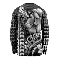 Hawaiian Sea Turtle Long Sleeve Shirt Black Hibiscus Flowers and Kakau Pattern LT9 - Polynesian Pride