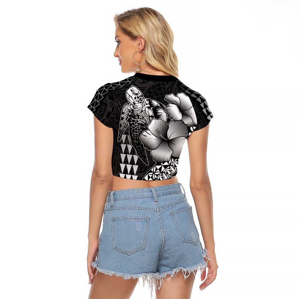 Hawaiian Sea Turtle Raglan Cropped T Shirt Black Hibiscus Flowers and Kakau Pattern