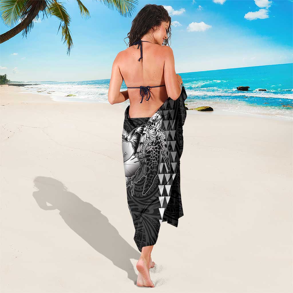Hawaiian Sea Turtle Sarong Black Hibiscus Flowers and Kakau Pattern