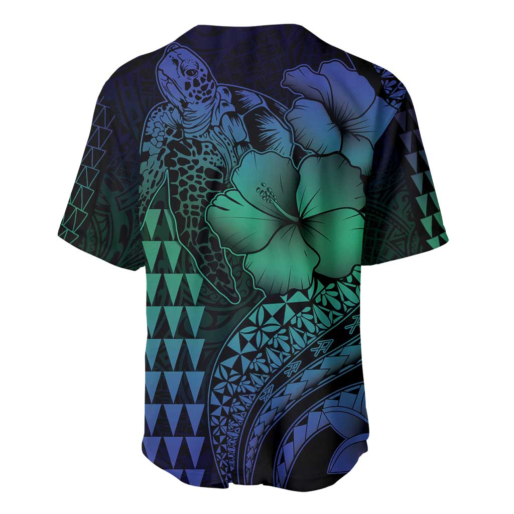 Hawaiian Sea Turtle Baseball Jersey Blue Hibiscus Flowers and Kakau Pattern