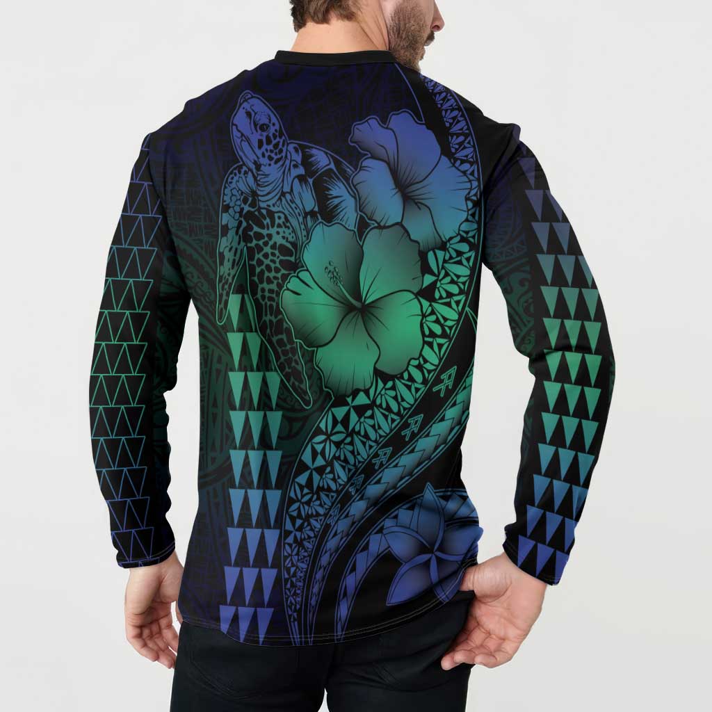 Hawaiian Sea Turtle Button Sweatshirt Blue Hibiscus Flowers and Kakau Pattern