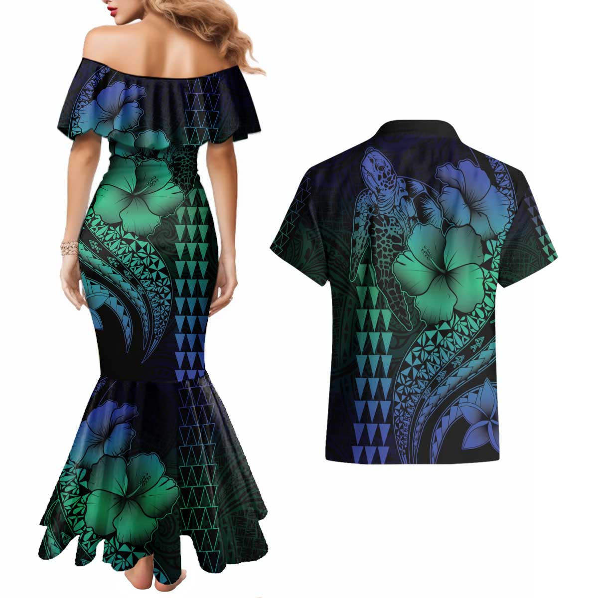 Hawaiian Sea Turtle Couples Matching Mermaid Dress and Hawaiian Shirt Blue Hibiscus Flowers and Kakau Pattern
