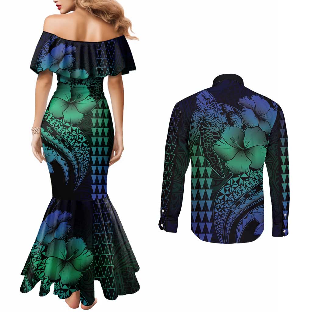 Hawaiian Sea Turtle Couples Matching Mermaid Dress and Long Sleeve Button Shirt Blue Hibiscus Flowers and Kakau Pattern