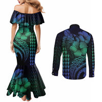 Hawaiian Sea Turtle Couples Matching Mermaid Dress and Long Sleeve Button Shirt Blue Hibiscus Flowers and Kakau Pattern