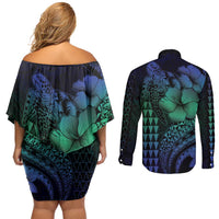 Hawaiian Sea Turtle Couples Matching Off Shoulder Short Dress and Long Sleeve Button Shirt Blue Hibiscus Flowers and Kakau Pattern