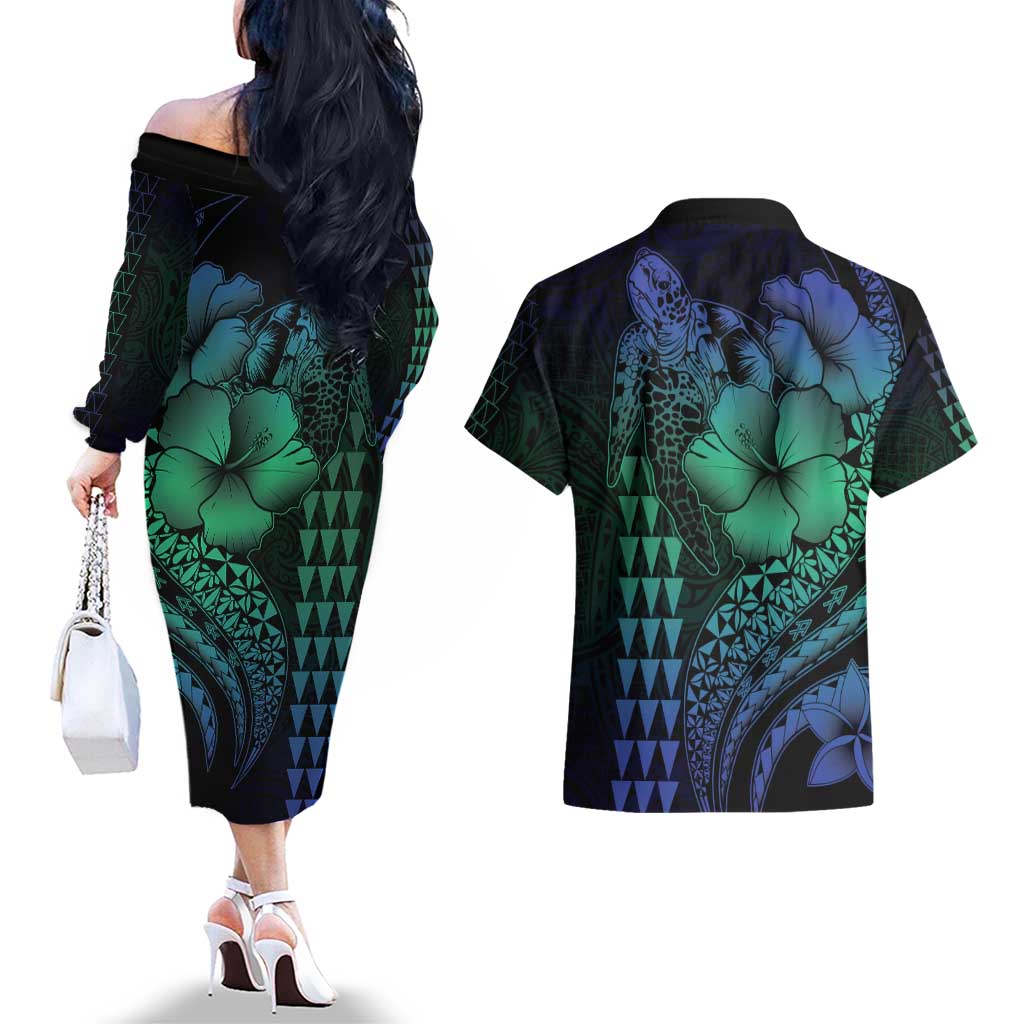 Hawaiian Sea Turtle Couples Matching Off The Shoulder Long Sleeve Dress and Hawaiian Shirt Blue Hibiscus Flowers and Kakau Pattern