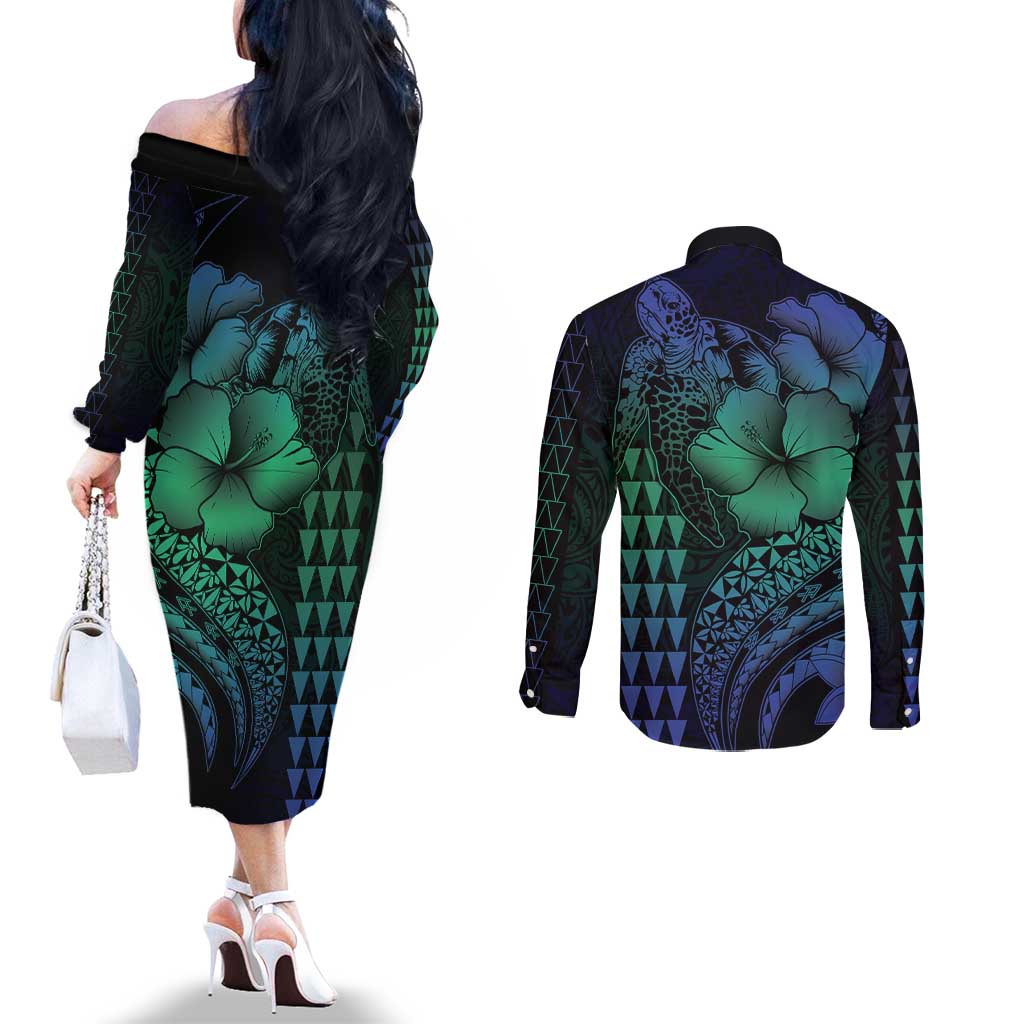Hawaiian Sea Turtle Couples Matching Off The Shoulder Long Sleeve Dress and Long Sleeve Button Shirt Blue Hibiscus Flowers and Kakau Pattern
