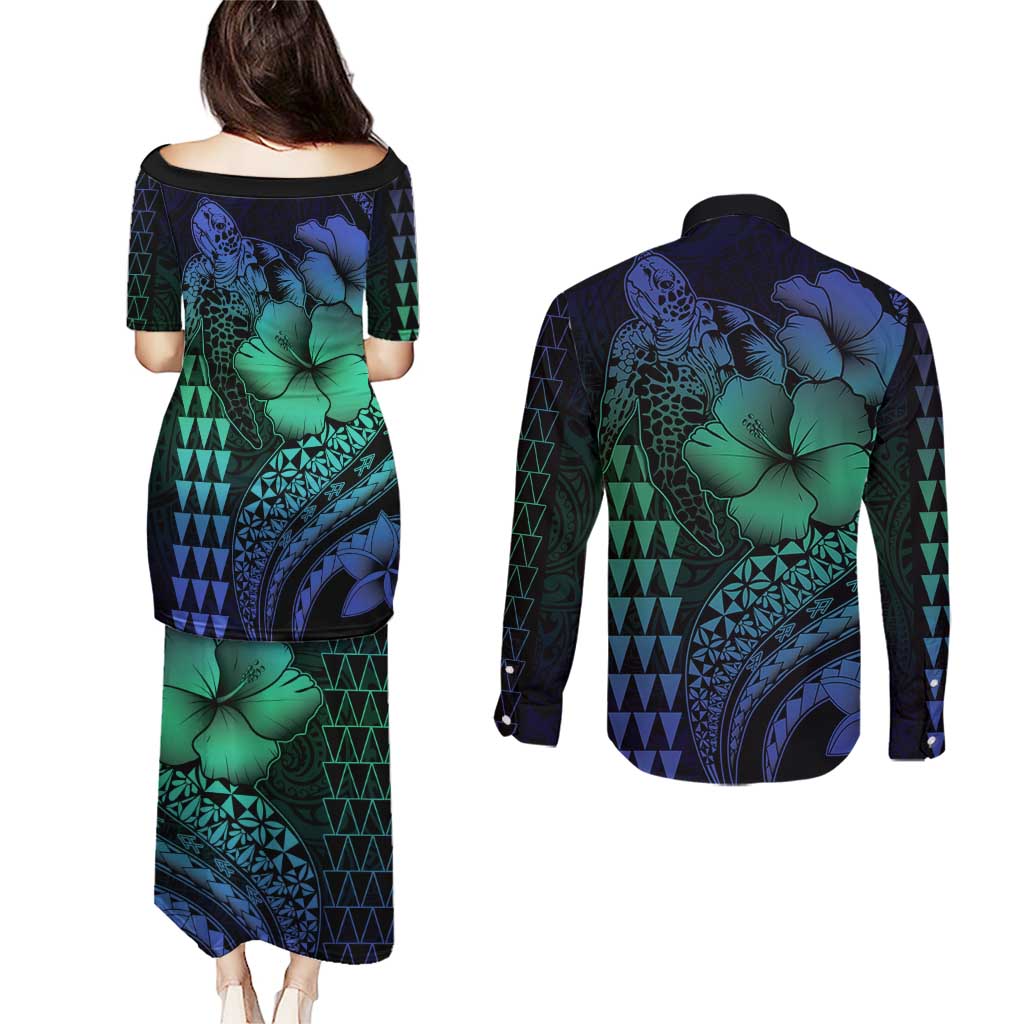 Hawaiian Sea Turtle Couples Matching Puletasi and Long Sleeve Button Shirt Blue Hibiscus Flowers and Kakau Pattern