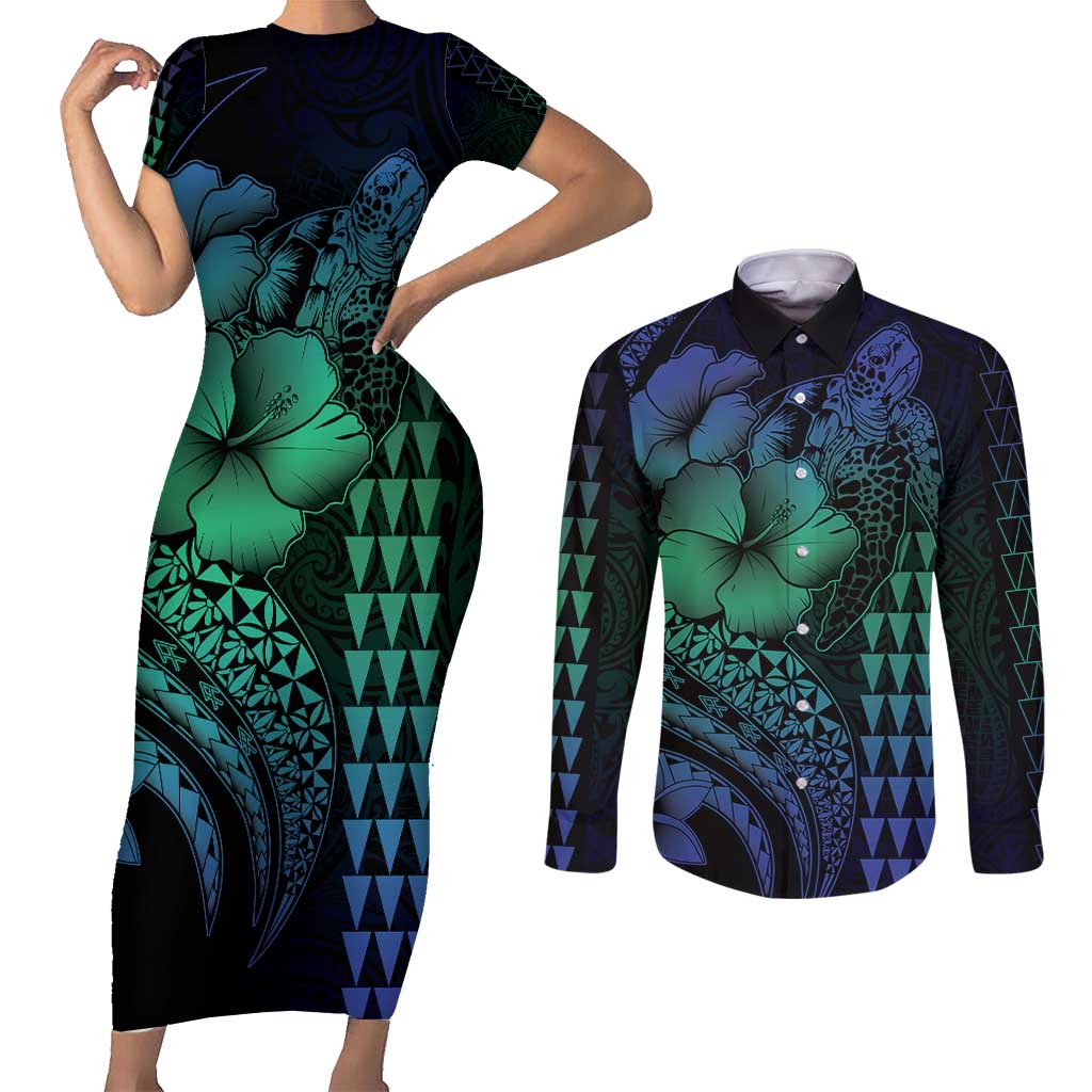 Hawaiian Sea Turtle Couples Matching Short Sleeve Bodycon Dress and Long Sleeve Button Shirt Blue Hibiscus Flowers and Kakau Pattern