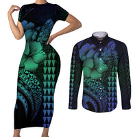 Hawaiian Sea Turtle Couples Matching Short Sleeve Bodycon Dress and Long Sleeve Button Shirt Blue Hibiscus Flowers and Kakau Pattern