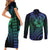 Hawaiian Sea Turtle Couples Matching Short Sleeve Bodycon Dress and Long Sleeve Button Shirt Blue Hibiscus Flowers and Kakau Pattern