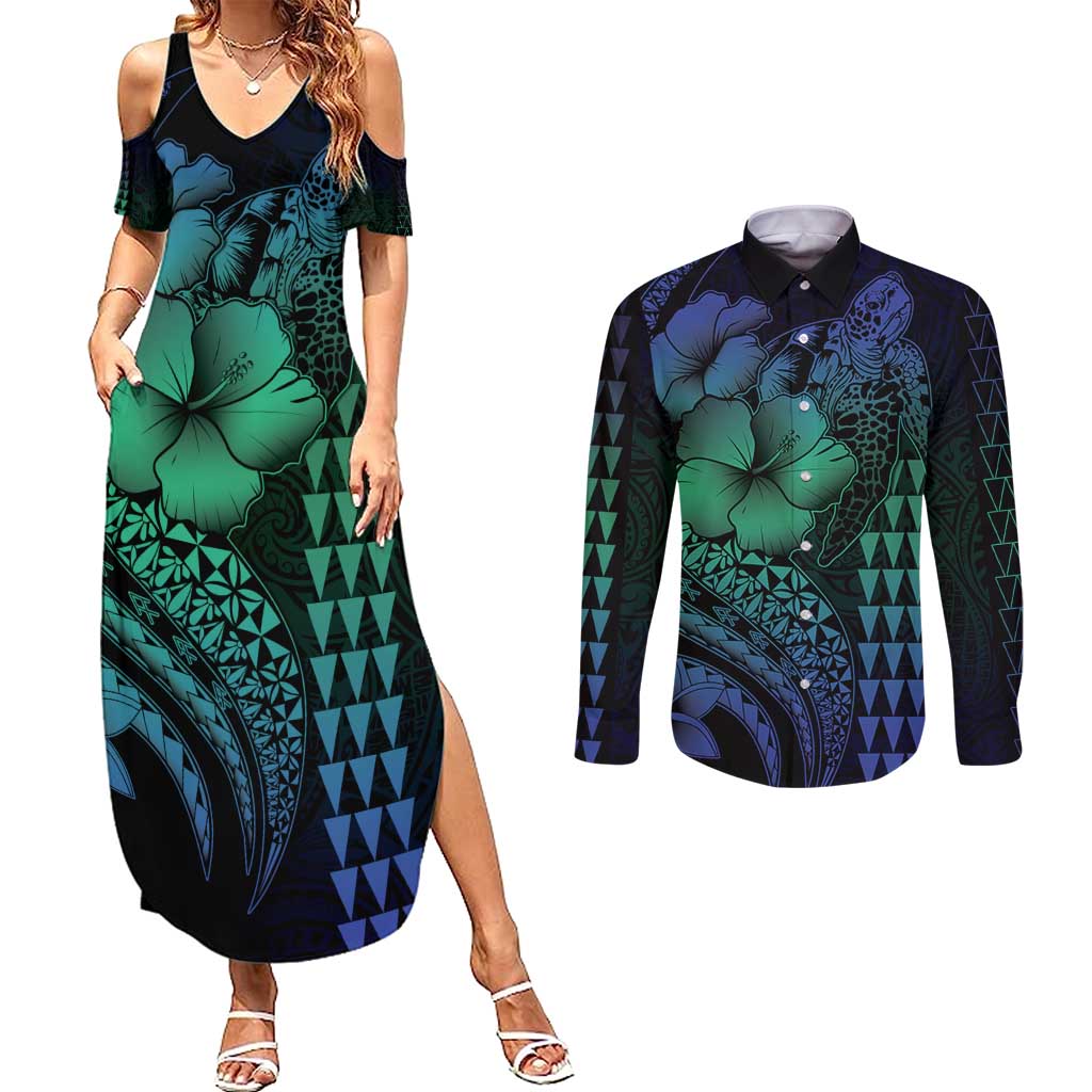 Hawaiian Sea Turtle Couples Matching Summer Maxi Dress and Long Sleeve Button Shirt Blue Hibiscus Flowers and Kakau Pattern
