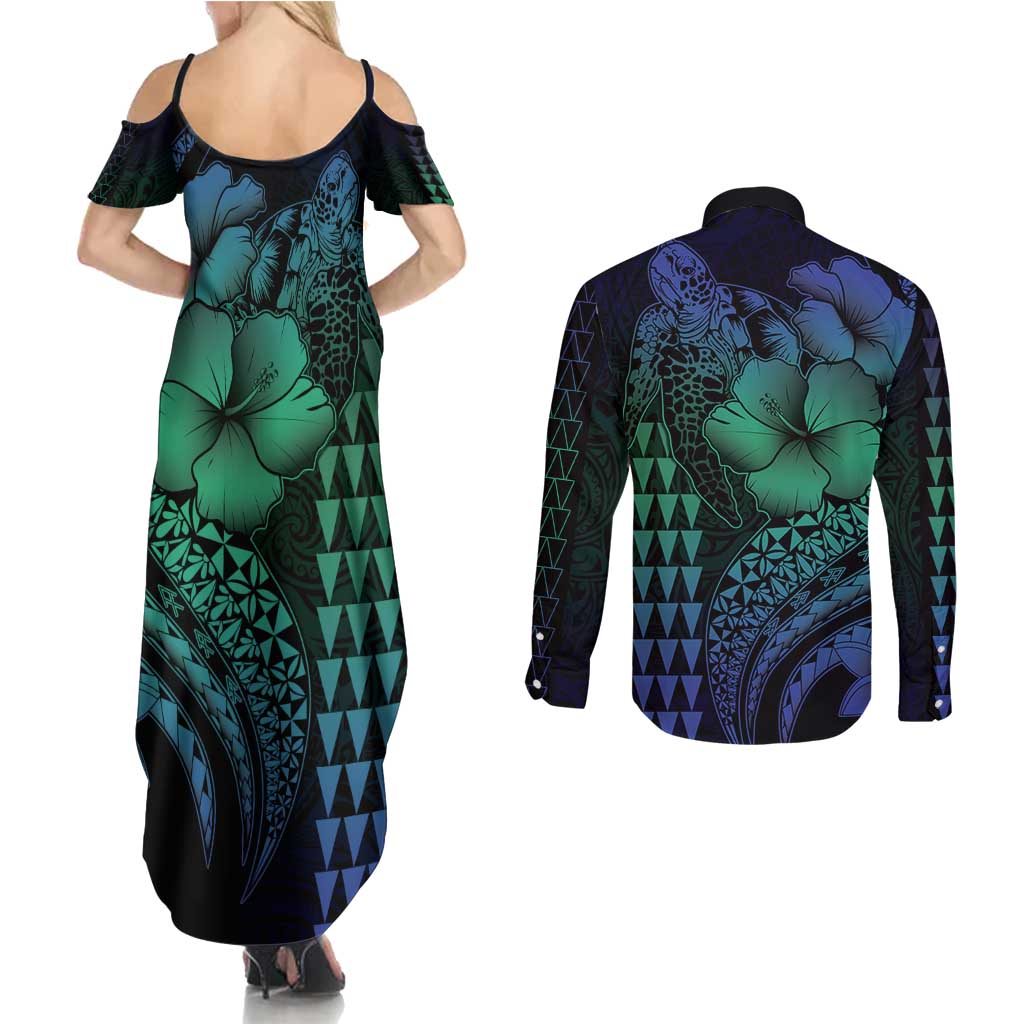 Hawaiian Sea Turtle Couples Matching Summer Maxi Dress and Long Sleeve Button Shirt Blue Hibiscus Flowers and Kakau Pattern
