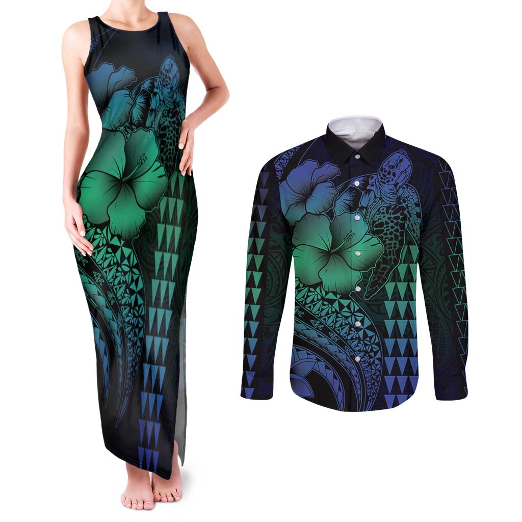 Hawaiian Sea Turtle Couples Matching Tank Maxi Dress and Long Sleeve Button Shirt Blue Hibiscus Flowers and Kakau Pattern
