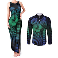 Hawaiian Sea Turtle Couples Matching Tank Maxi Dress and Long Sleeve Button Shirt Blue Hibiscus Flowers and Kakau Pattern
