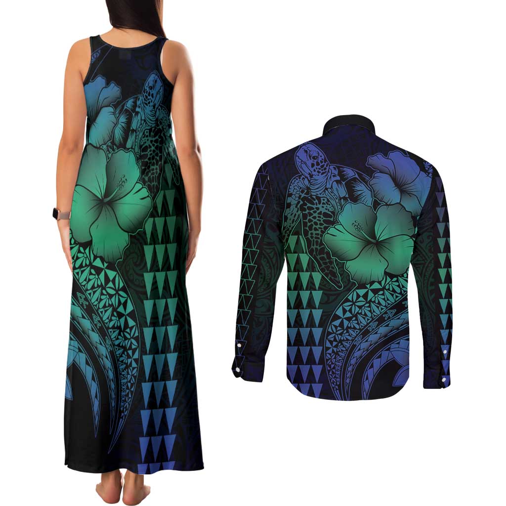 Hawaiian Sea Turtle Couples Matching Tank Maxi Dress and Long Sleeve Button Shirt Blue Hibiscus Flowers and Kakau Pattern