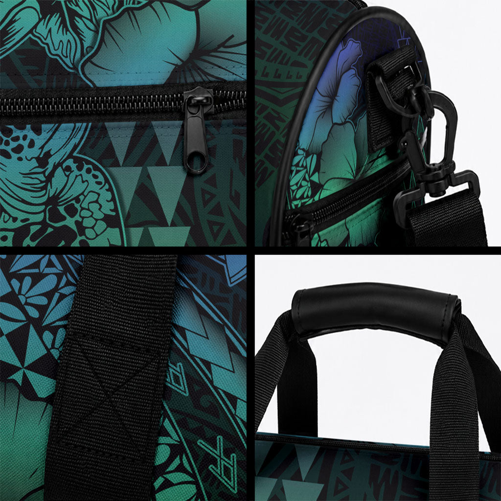 Hawaiian Sea Turtle Duffle Bag Blue Hibiscus Flowers and Kakau Pattern LT9 - Polynesian Pride