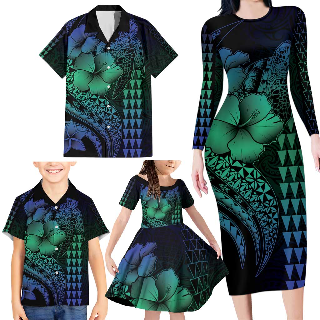 Hawaiian Sea Turtle Family Matching Long Sleeve Bodycon Dress and Hawaiian Shirt Blue Hibiscus Flowers and Kakau Pattern LT9 - Polynesian Pride