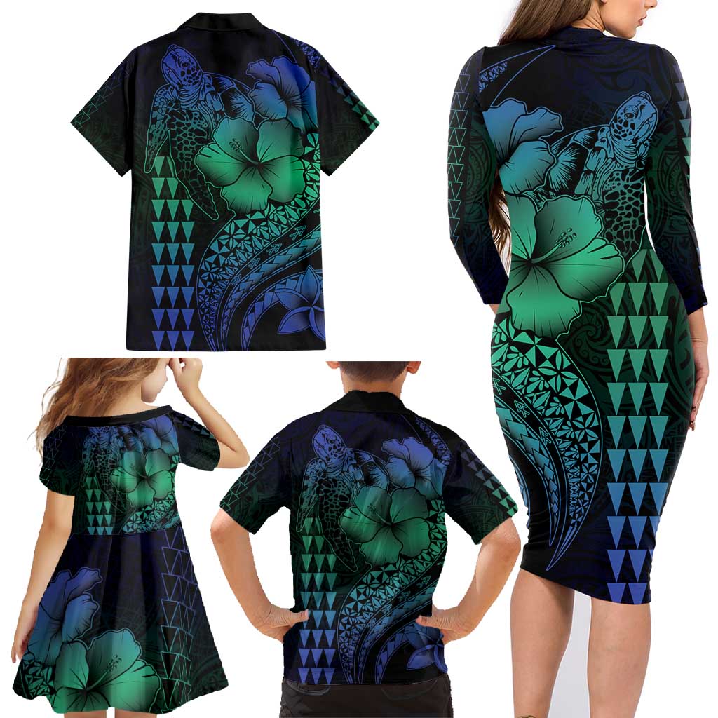 Hawaiian Sea Turtle Family Matching Long Sleeve Bodycon Dress and Hawaiian Shirt Blue Hibiscus Flowers and Kakau Pattern LT9 - Polynesian Pride
