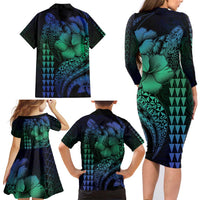 Hawaiian Sea Turtle Family Matching Long Sleeve Bodycon Dress and Hawaiian Shirt Blue Hibiscus Flowers and Kakau Pattern LT9 - Polynesian Pride