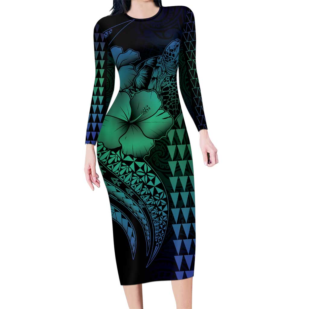 Hawaiian Sea Turtle Family Matching Long Sleeve Bodycon Dress and Hawaiian Shirt Blue Hibiscus Flowers and Kakau Pattern LT9 Mom's Dress Blue - Polynesian Pride