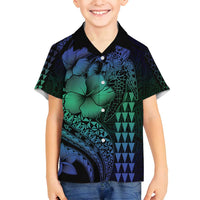 Hawaiian Sea Turtle Family Matching Long Sleeve Bodycon Dress and Hawaiian Shirt Blue Hibiscus Flowers and Kakau Pattern LT9 Son's Shirt Blue - Polynesian Pride
